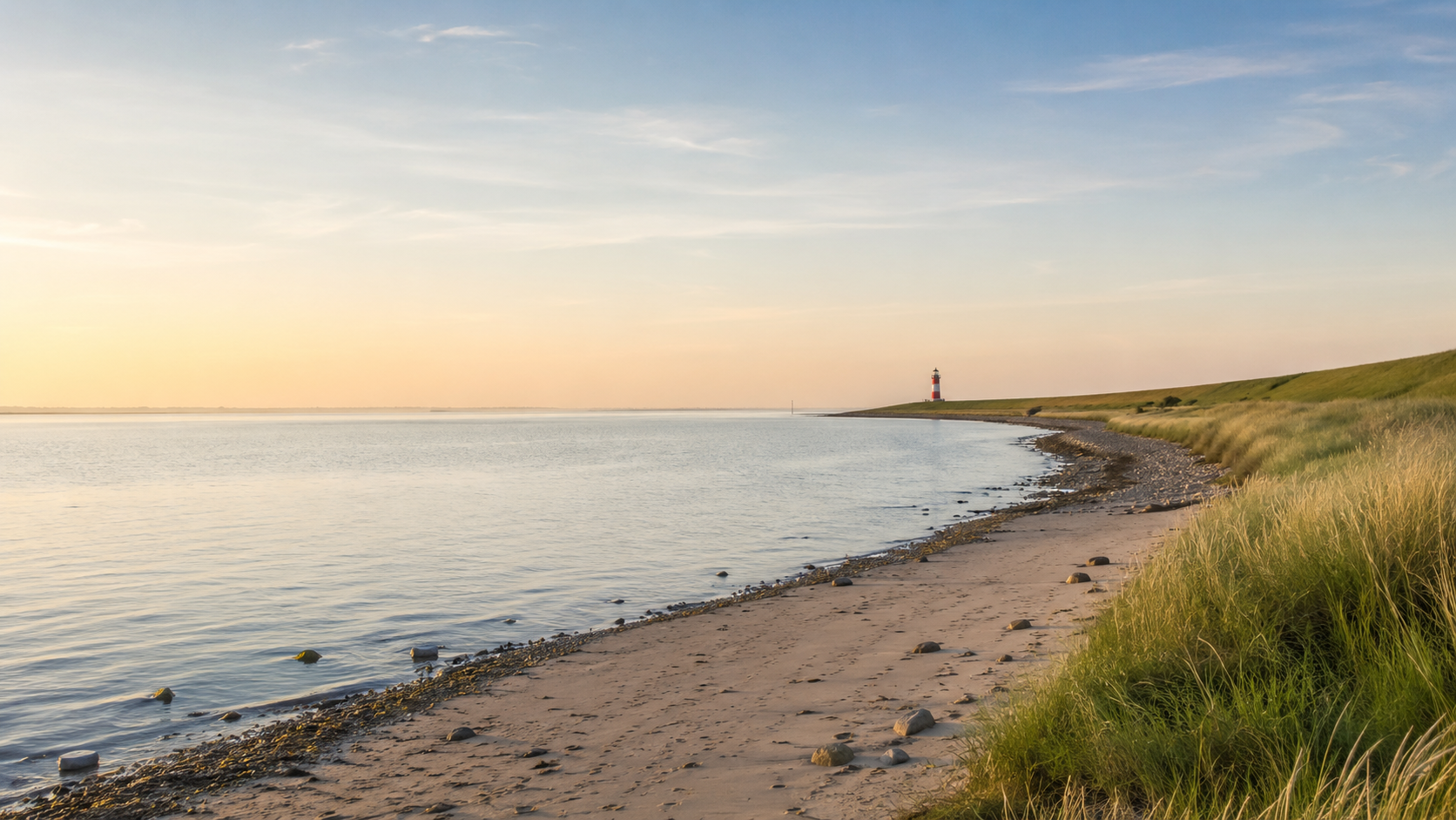 Nordseestrand mit Leuchtturm bei Sonnenuntergang in der Nähe von Bremerhaven – Sinnbild für innere Ruhe und Neuanfang